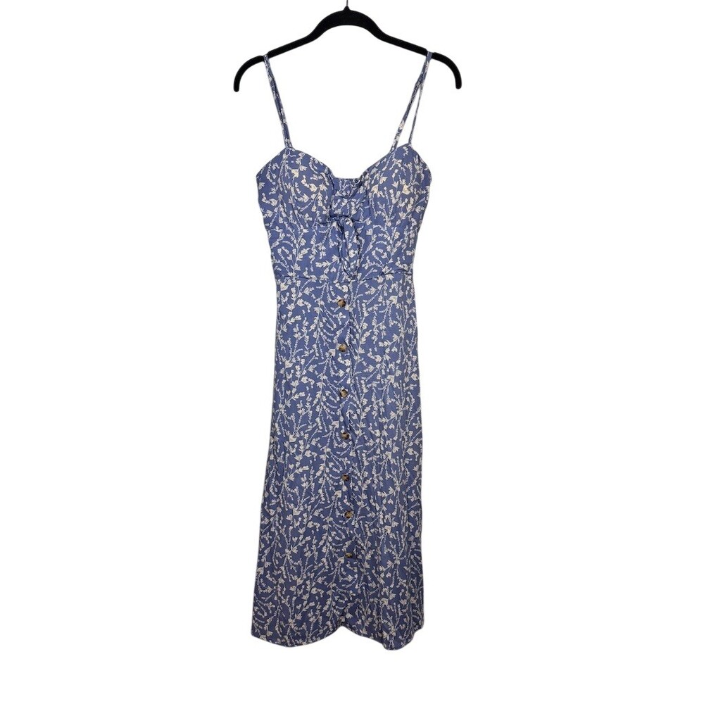 As U Wish Dress Womens Size S Blue Ditsy Floral Midi Tie Front Button